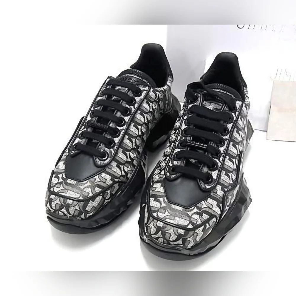 New With Tags Jimmy Choo Black Silver Diamond Calfskin Leather Sneakers